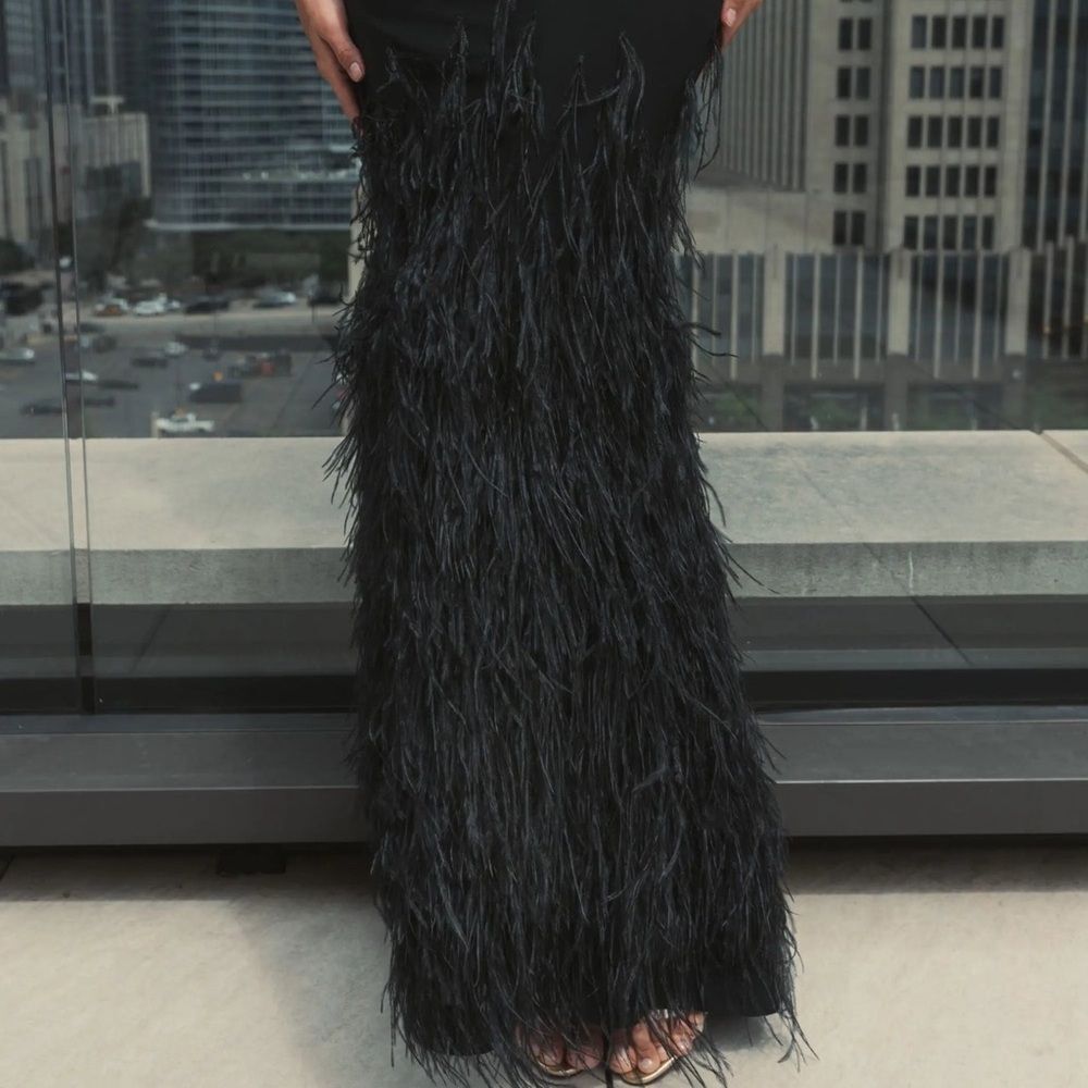 MAC DUGGAL  11839 Black Jersey Long Sleeve High Neck Feather Gown - Picture 7 of 16